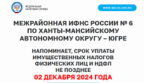 ИМУЩЕСТВЕННЫЕ НАЛОГИ ФИЗИЧЕСКИХ ЛИЦ И НДФЛ НЕОБХОДИМО ОПЛАТИТЬ ДО 2 ДЕКАБРЯ 2024 ГОДА